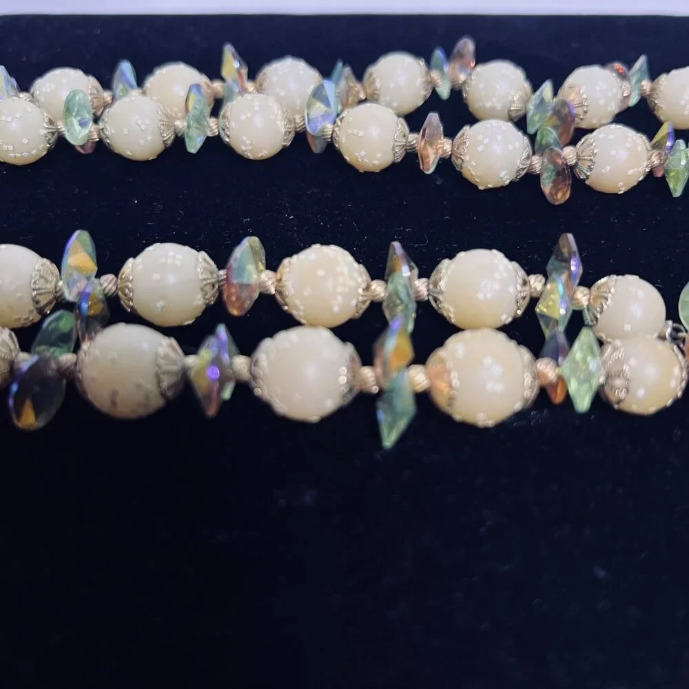 Vintage Double Strand Sugared Bead And AB Rhinestone Necklace (6120) - Picture 8 of 9